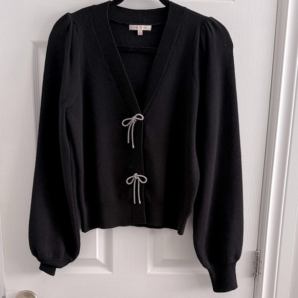 Skies Are Blue Sweaters - Skies Are Blue Puff Sleeve Cardigan Rhinestone Bows Black size Small